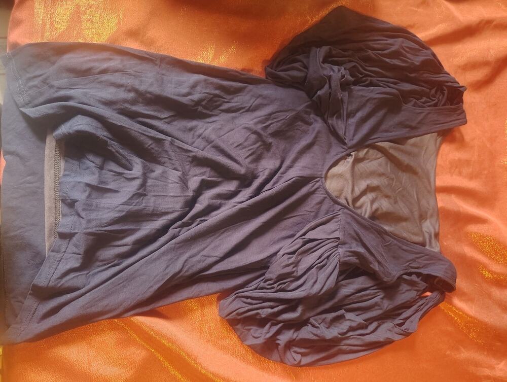 Womens Scoop Neck Ruched Sleeve Top Blue Short Sleeve Sheer Back Panel Stretch